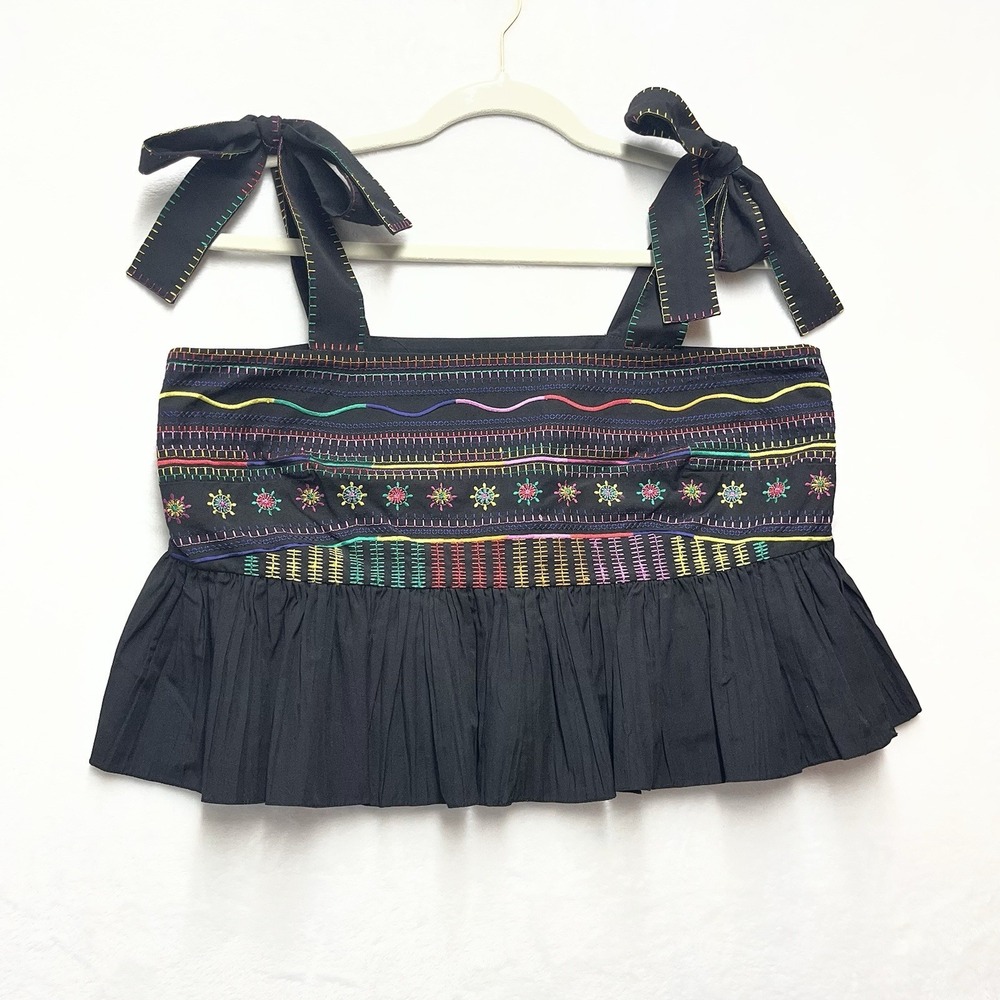 SALONI Jools Ruffled Embroidered Crop Top Womens 10 Square Neck Floral Festival